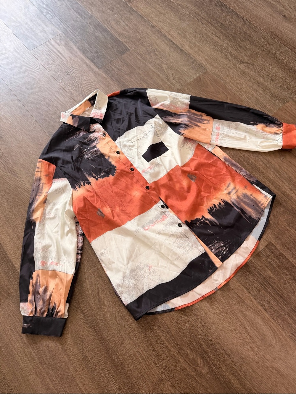 Abstract Brushstroke Button-Up Shirt in Black, Orange & Cream - Picture 2 of 4